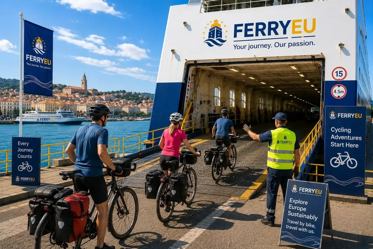 Reiziger met fiets bij een veerboot
